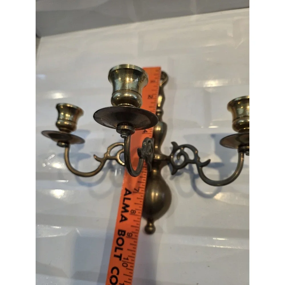 2 Vintage Brass 3 Arm Colonial Wall Sconce Candle Holders Pair 9